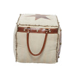 Pouf in tela con manici in pelle - Grigio, Marrone, Bianco, Crema o Beige
