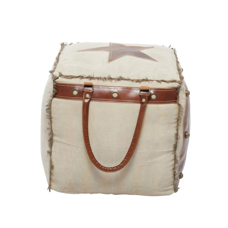 Pouf in tela con manici in pelle - Grigio, Marrone, Bianco, Crema o Beige