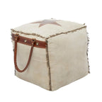 Pouf in tela con manici in pelle - Grigio, Marrone, Bianco, Crema o Beige