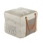 Pouf in tela con manici in pelle - Grigio, Marrone, Bianco, Crema o Beige
