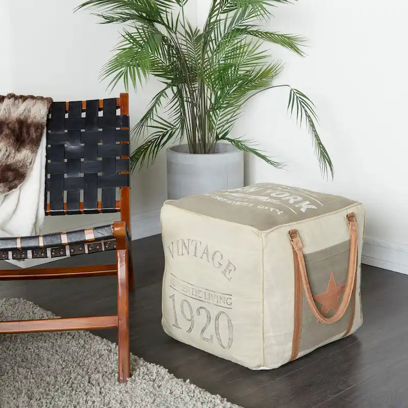 Pouf in tela con manici in pelle - Grigio, Marrone, Bianco, Crema o Beige