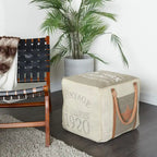Pouf in tela con manici in pelle - Grigio, Marrone, Bianco, Crema o Beige