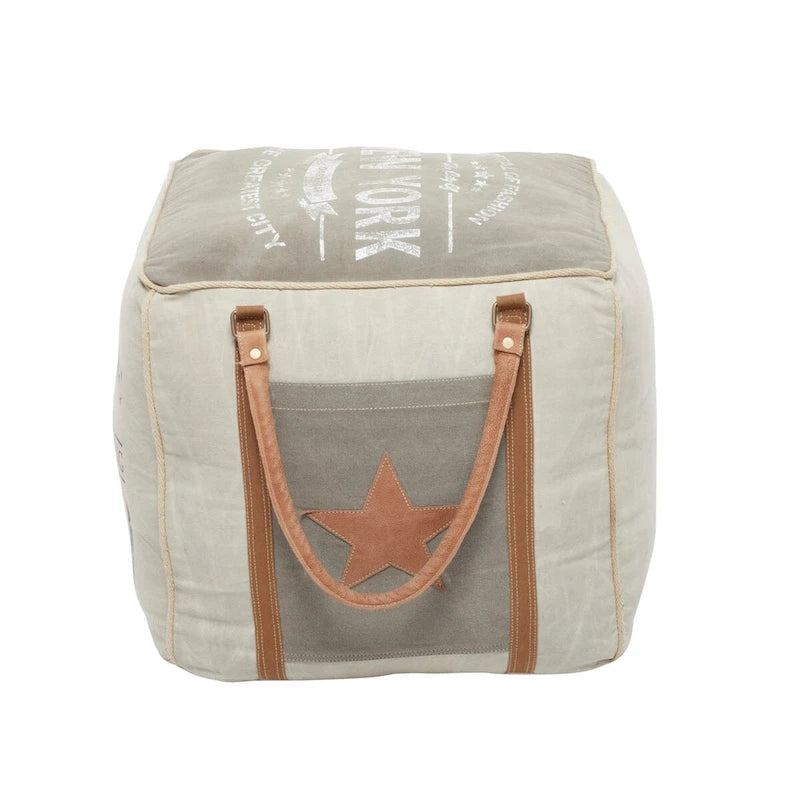 Pouf in tela con manici in pelle - Grigio, Marrone, Bianco, Crema o Beige