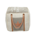 Pouf in tela con manici in pelle - Grigio, Marrone, Bianco, Crema o Beige
