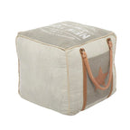 Pouf in tela con manici in pelle - Grigio, Marrone, Bianco, Crema o Beige