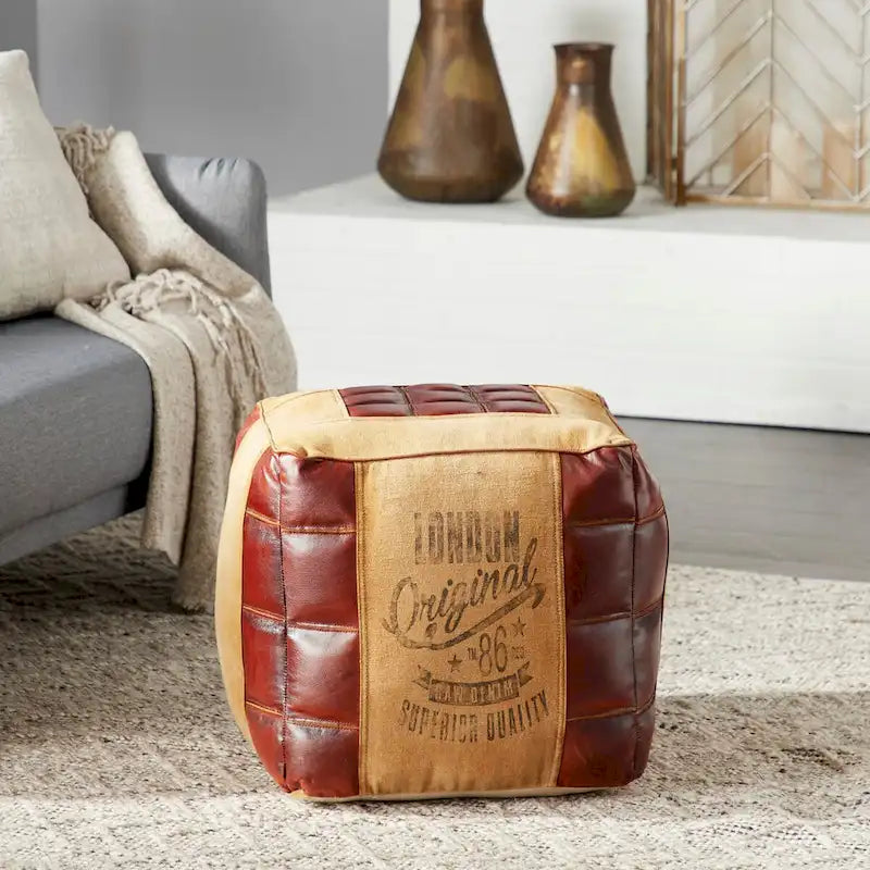 Pouf in tela con manici in pelle - Grigio, Marrone, Bianco, Crema o Beige