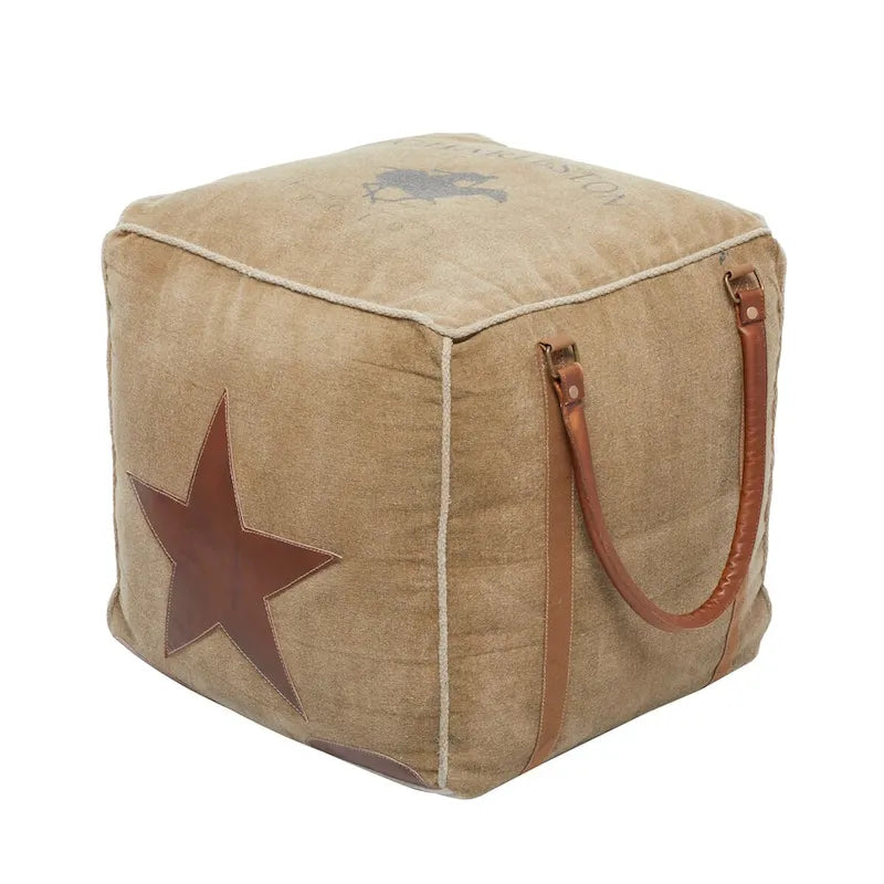 Pouf in tela con manici in pelle - Grigio, Marrone, Bianco, Crema o Beige