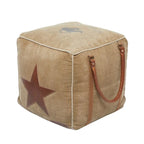 Pouf in tela con manici in pelle - Grigio, Marrone, Bianco, Crema o Beige