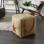 Pouf in tela con manici in pelle - Grigio, Marrone, Bianco, Crema o Beige