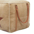 Pouf in tela con manici in pelle - Grigio, Marrone, Bianco, Crema o Beige