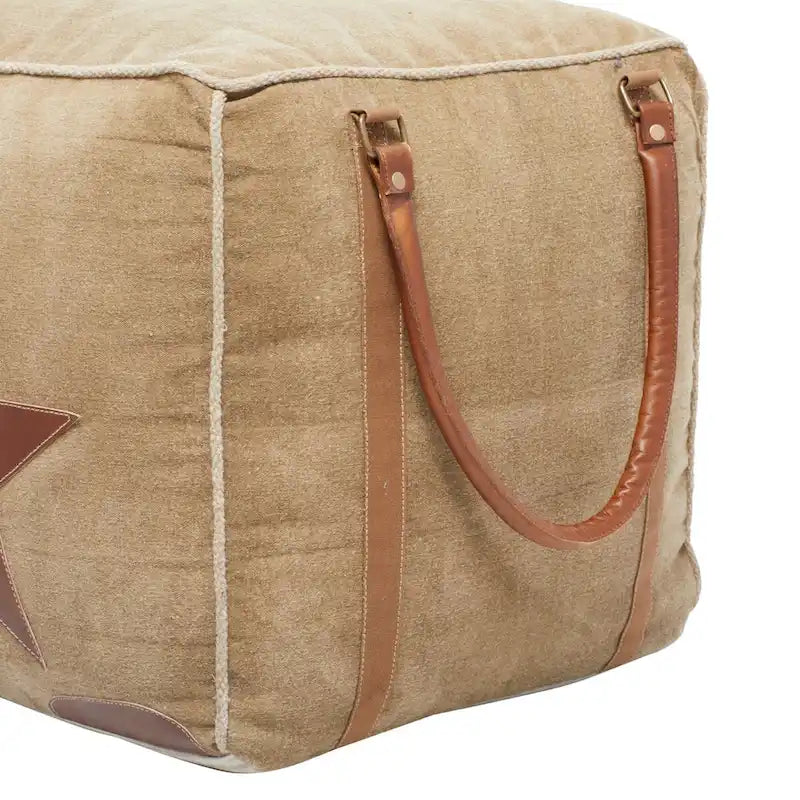 Pouf in tela con manici in pelle - Grigio, Marrone, Bianco, Crema o Beige