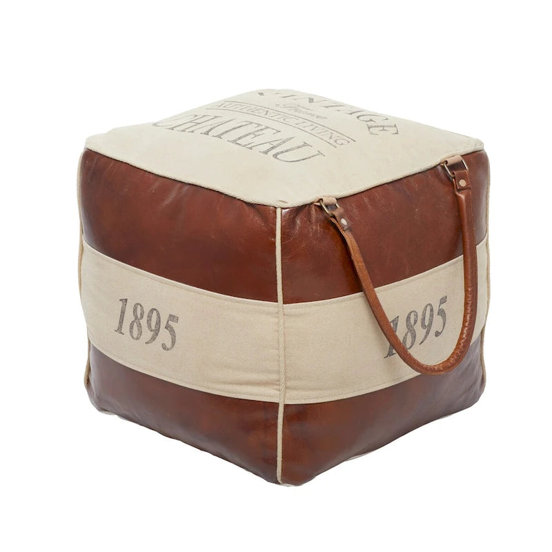 Pouf in tela con manici in pelle - Grigio, Marrone, Bianco, Crema o Beige