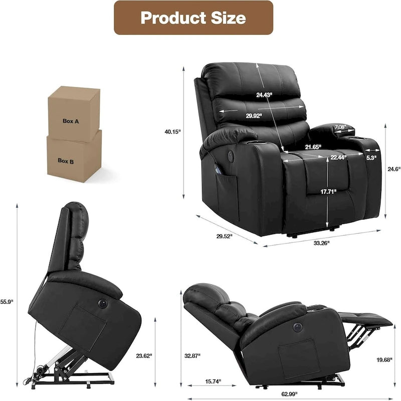 Poltrona reclinabile oversize elettrica con massaggio e riscaldamento in pelle PU, con tasche, portabicchieri e porta USB