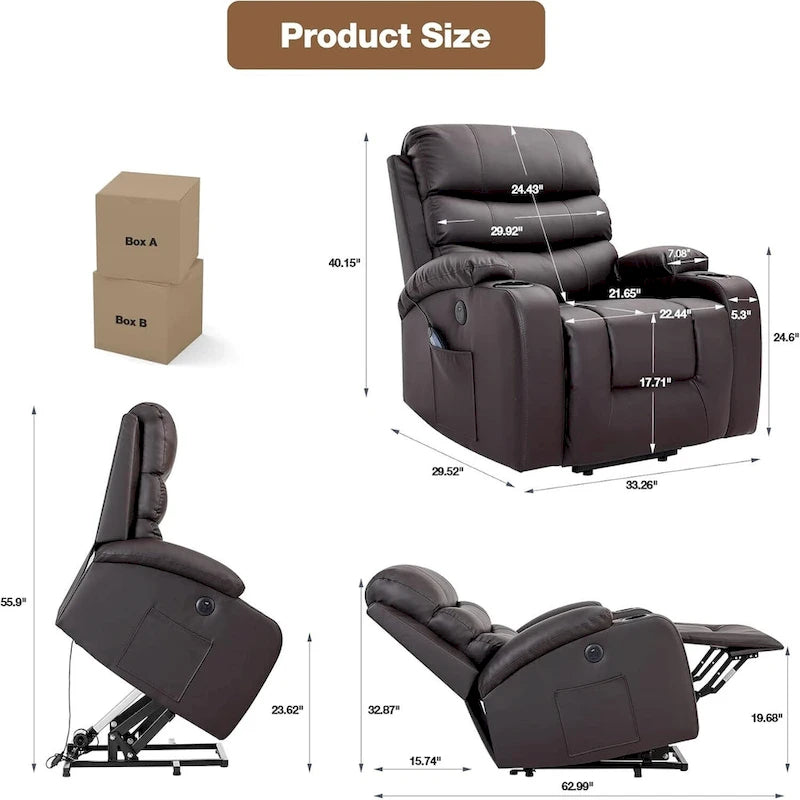 Poltrona reclinabile oversize elettrica con massaggio e riscaldamento in pelle PU, con tasche, portabicchieri e porta USB