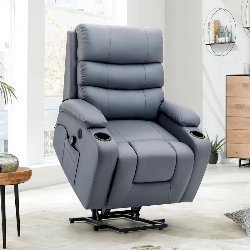 Poltrona reclinabile oversize elettrica con massaggio e riscaldamento in pelle PU, con tasche, portabicchieri e porta USB