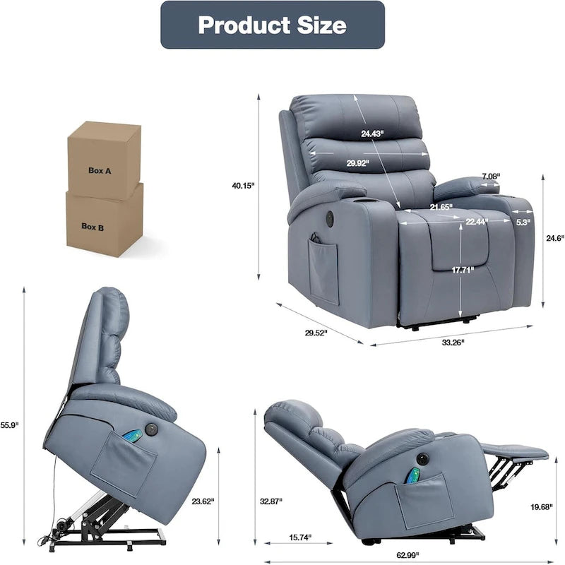 Poltrona reclinabile oversize elettrica con massaggio e riscaldamento in pelle PU, con tasche, portabicchieri e porta USB