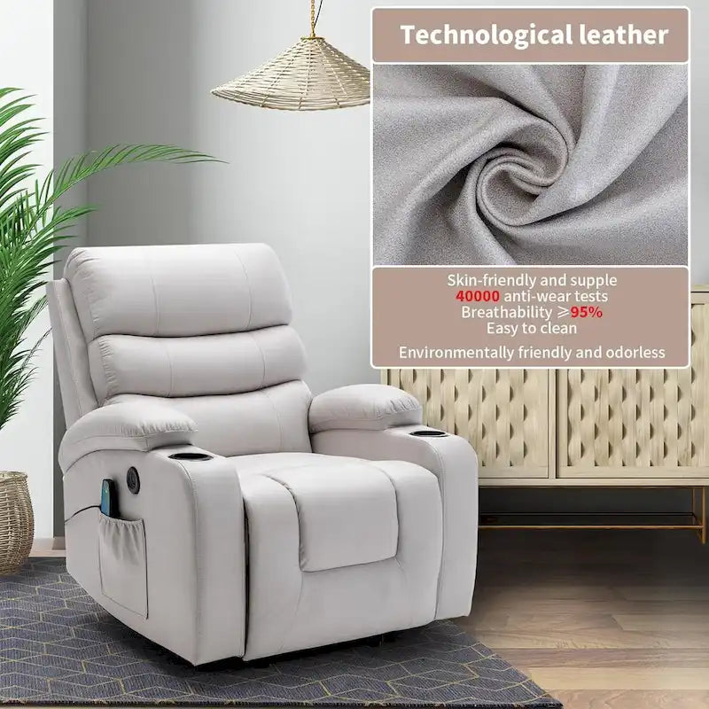 Poltrona reclinabile oversize elettrica con massaggio e riscaldamento in pelle PU, con tasche, portabicchieri e porta USB