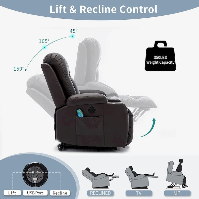 Poltrona reclinabile oversize elettrica con massaggio e riscaldamento in pelle PU, con tasche, portabicchieri e porta USB
